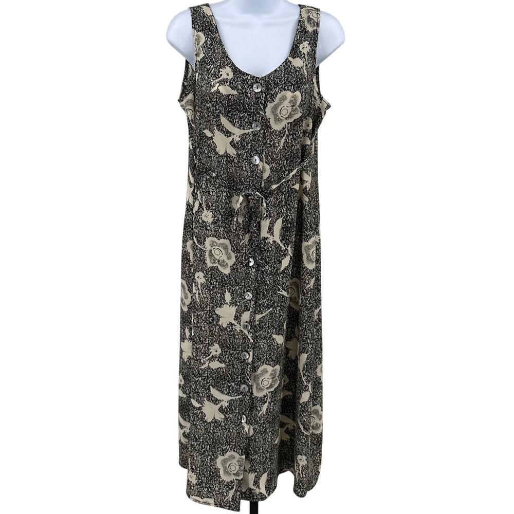 Voir Collection Dress Black Beige Floral Womens M Sleeveless Button Up VNeck Vtg